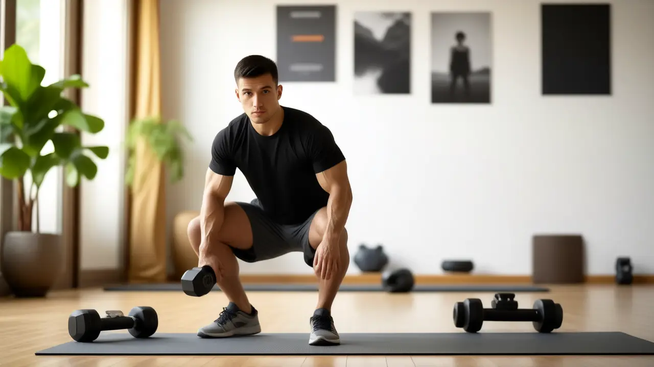 Un atleta español musculoso realiza un ejercicio intenso en un hogar moderno