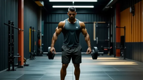 Un atleta español fuerte se entrena en la luz tenue