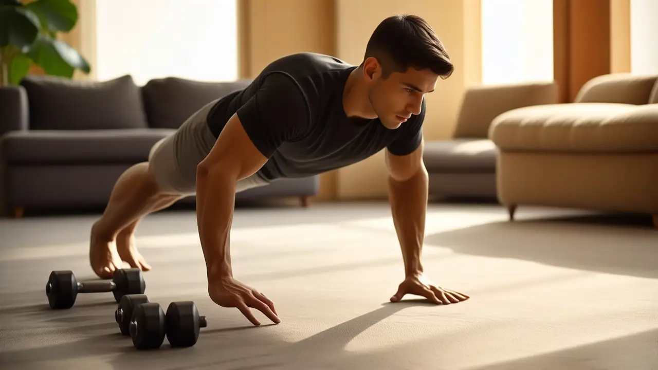 Un hombre atlético realiza un WOD en casa