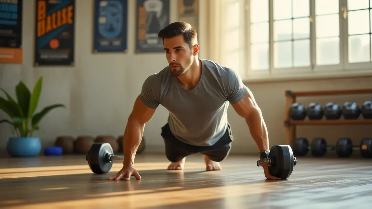 Un hombre atlético realiza flexiones en casa