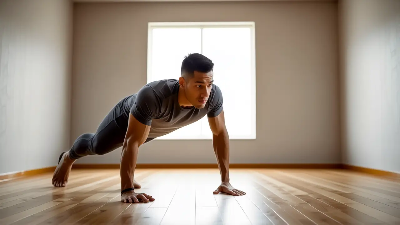 Un hombre atlético realiza ejercicio en casa