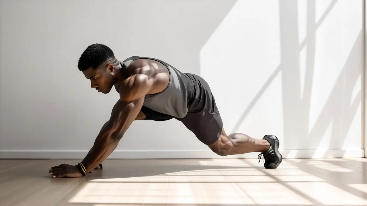 Un hombre atlético se estira en casa