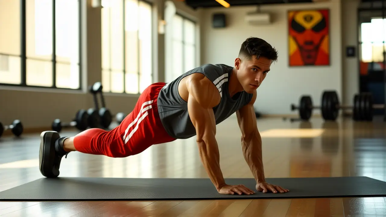 Un español musculoso realiza ejercicio en gimnasio retro