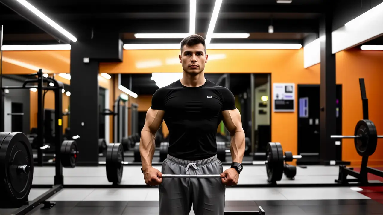 Un hombre atlético levanta pesas en gimnasio